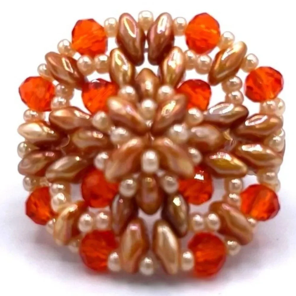 Caramel Brown and Orange Crystal Beaded Statement Ring Size 7